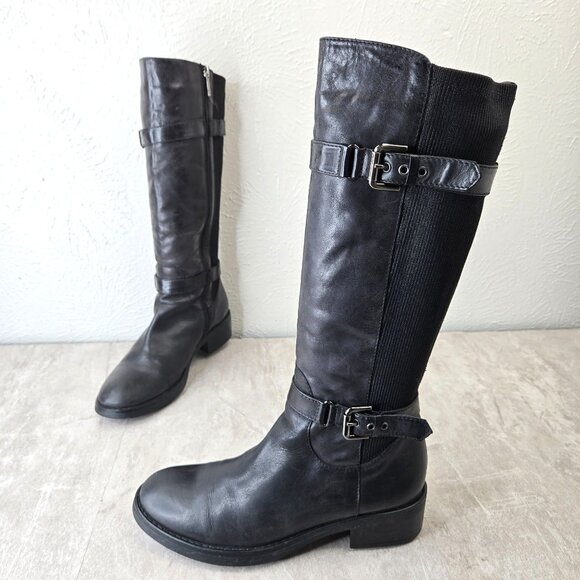 Aquatalia Equestrian Boots 8.5 Black Leather Knee High Tall Moto Buckle Riding - Picture 1 of 11
